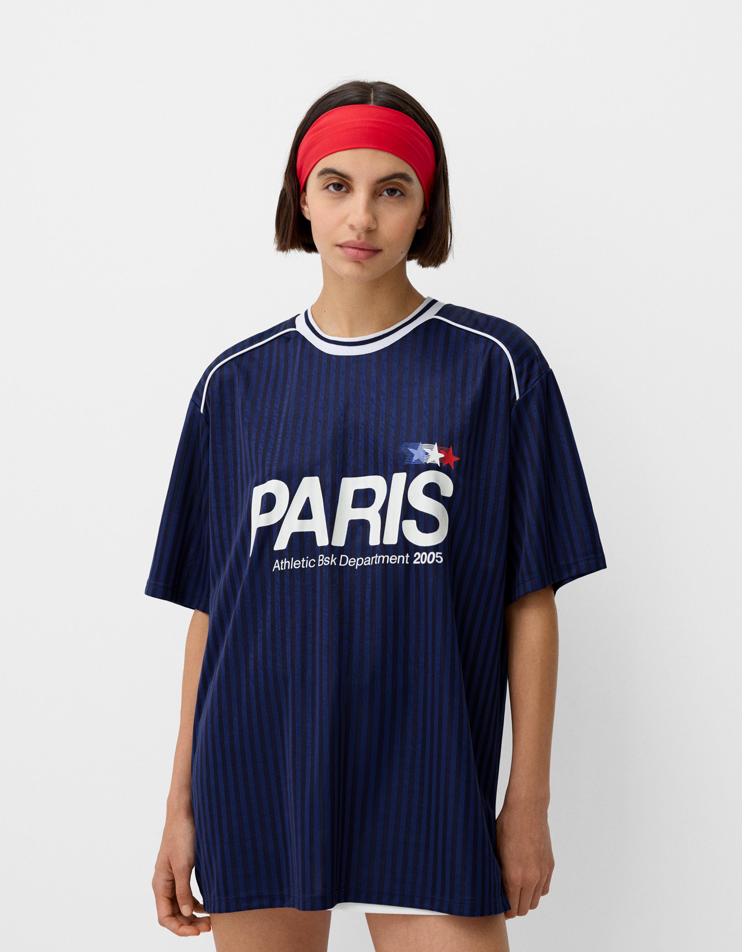 Bershka Sportliches T-Shirt Paris Mit Kurzen Ärmeln Damen Xs Marinenblau