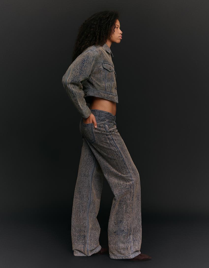 Jeans straight fit taille basse texturé-Bleu lavé