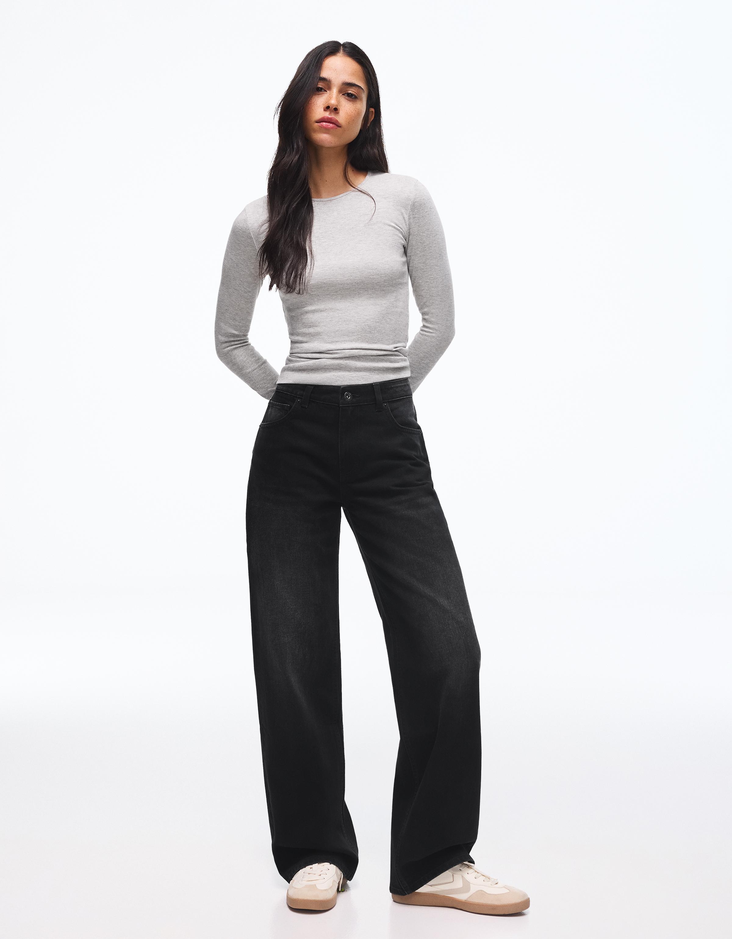 High-waist wide straight-leg jeans — Black