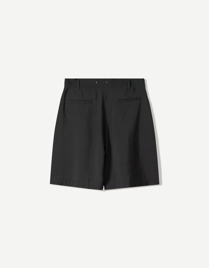 Wide-leg pleated Bermuda shorts-Dark grey-4