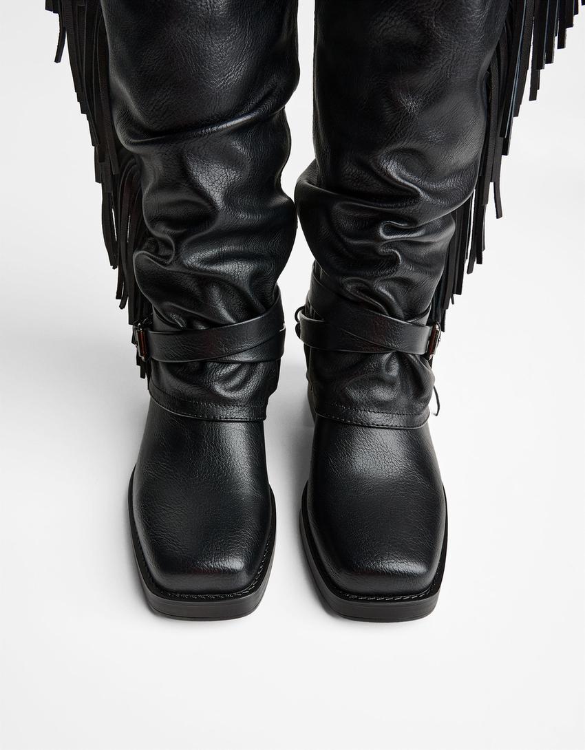 Bota rasa calças com franjas-Preto-3