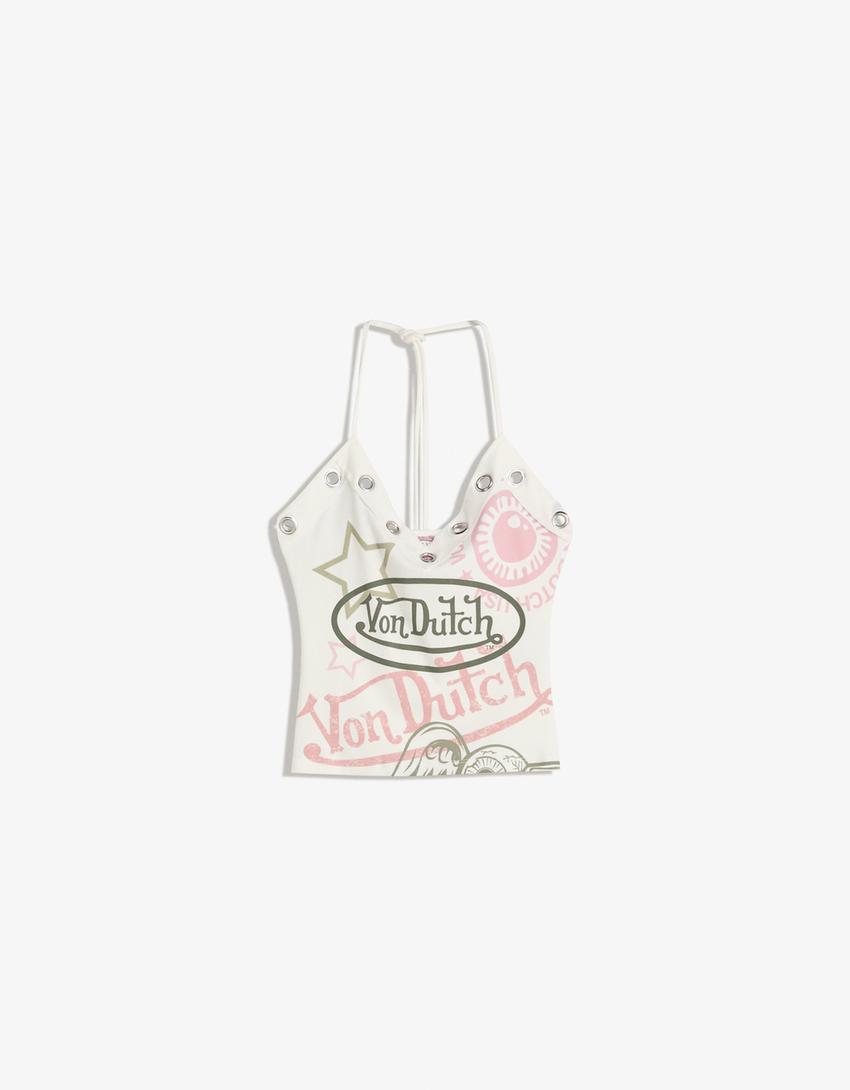 Top Von Dutch encolure américaine à œillets-Blanc cassé-3