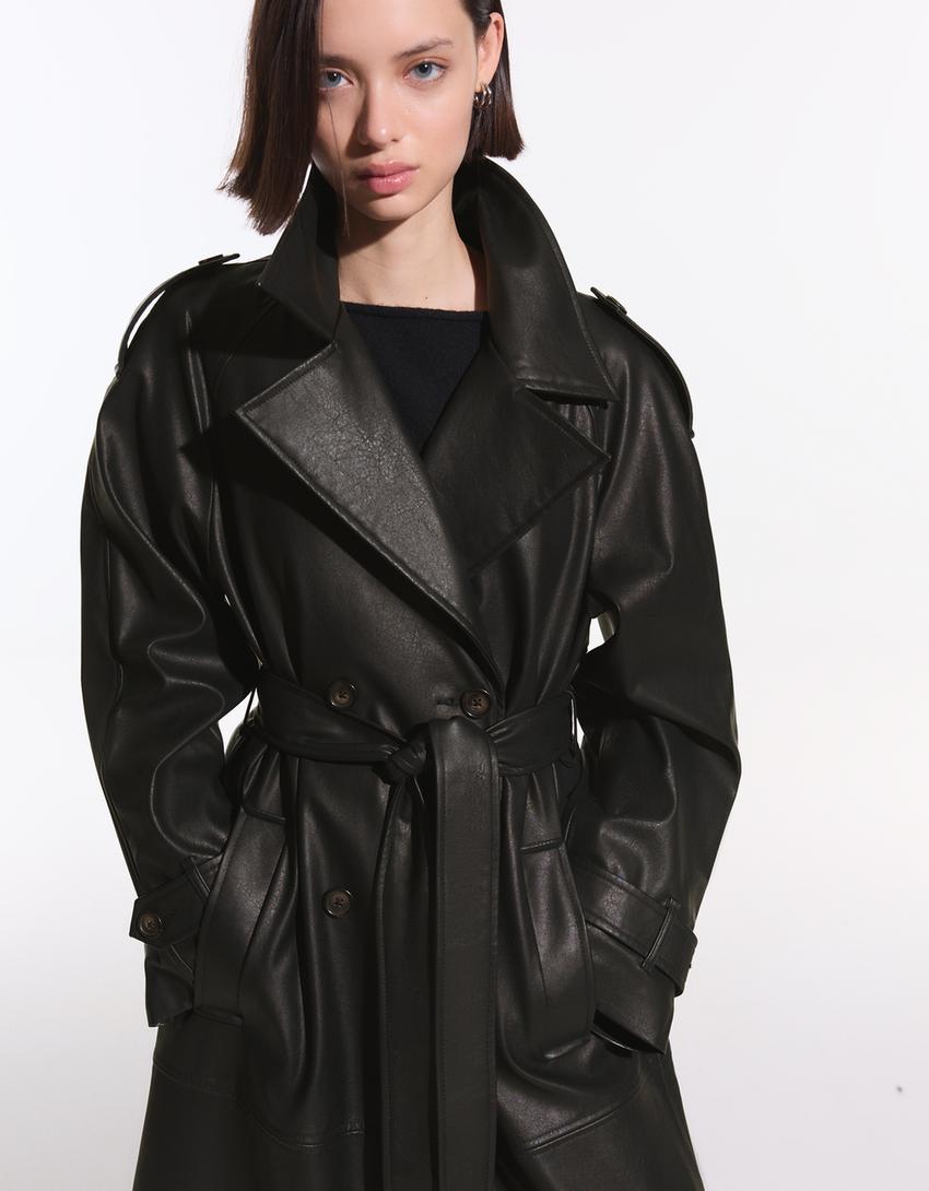Trench-coat en similicuir-Noir