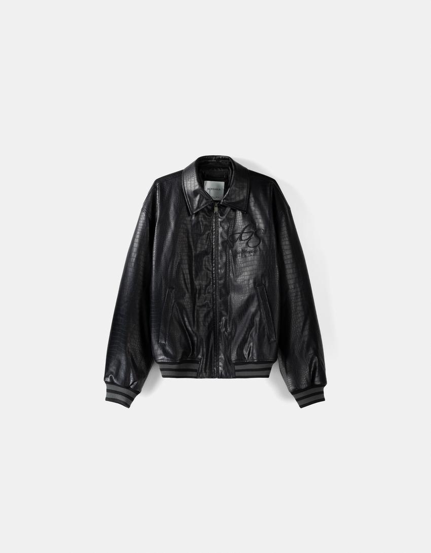 Blouson similicuir imprimé animal broderie-Noir-4