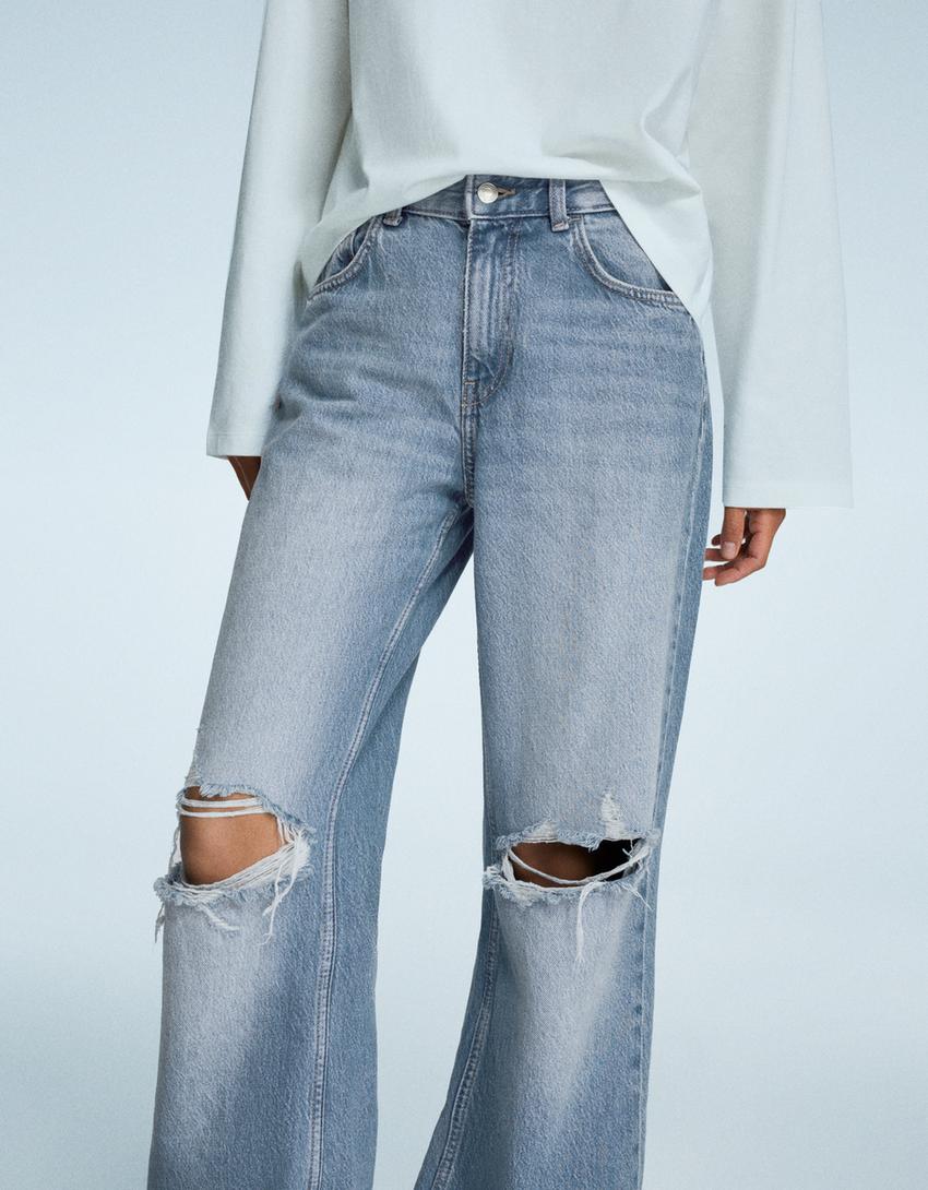 Jeans wide leg rotos-Azul lavado