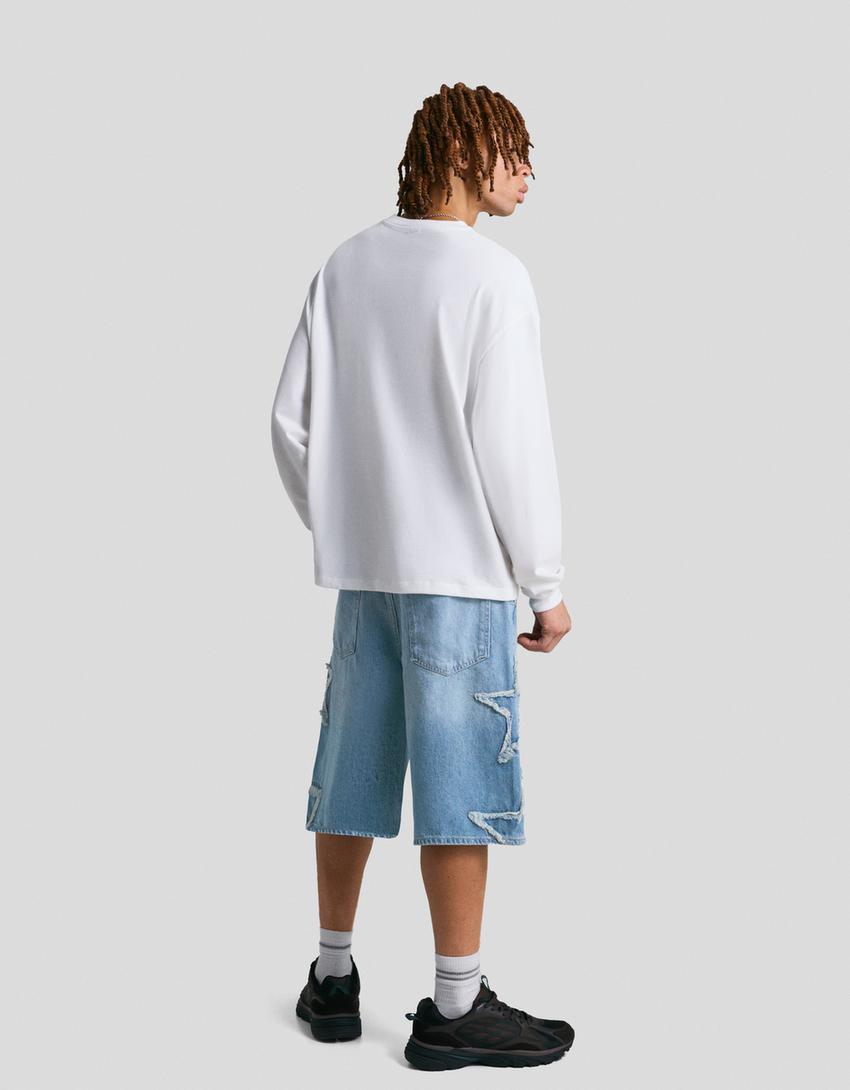 Denim bermuda shorts with patches-Light blue