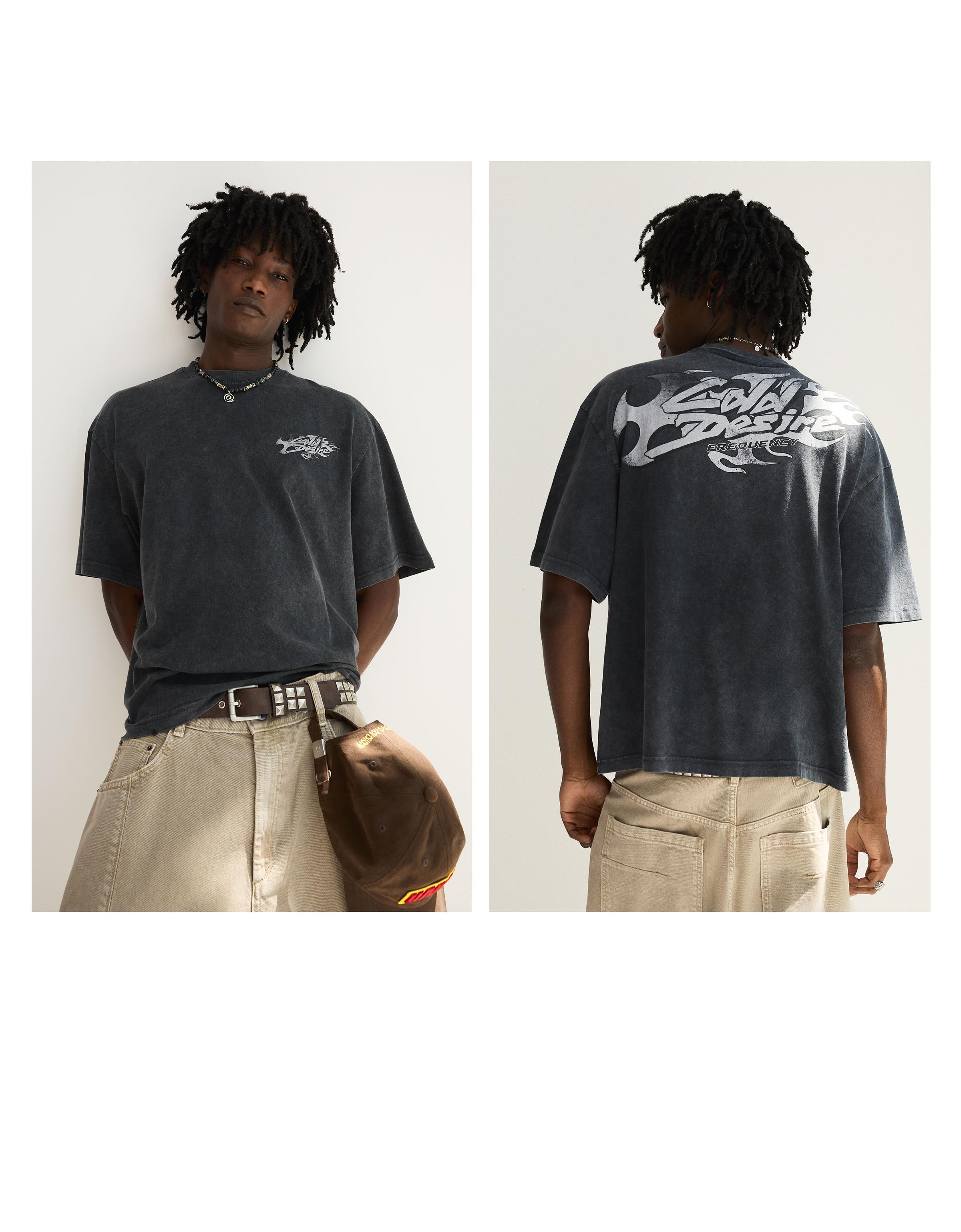 Washed boxy fit print T-shirt — Black
