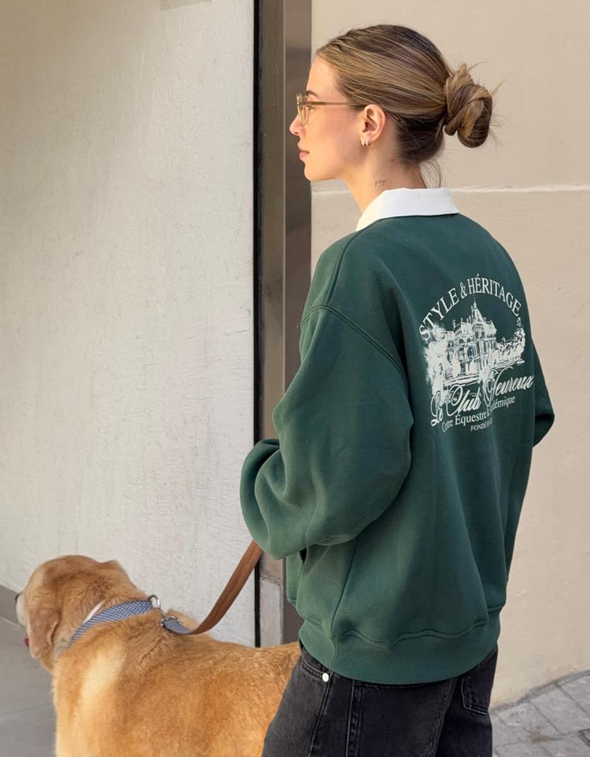 Pull col polo imprimé-Vert