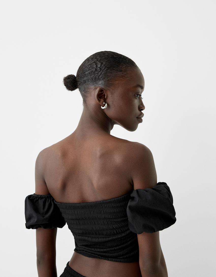 Top chenille manches popeline-Noir-2