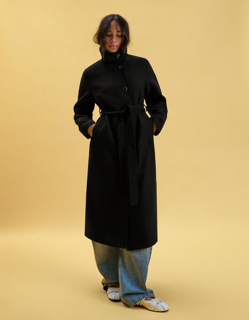 Long funnel neck belted coat-Black