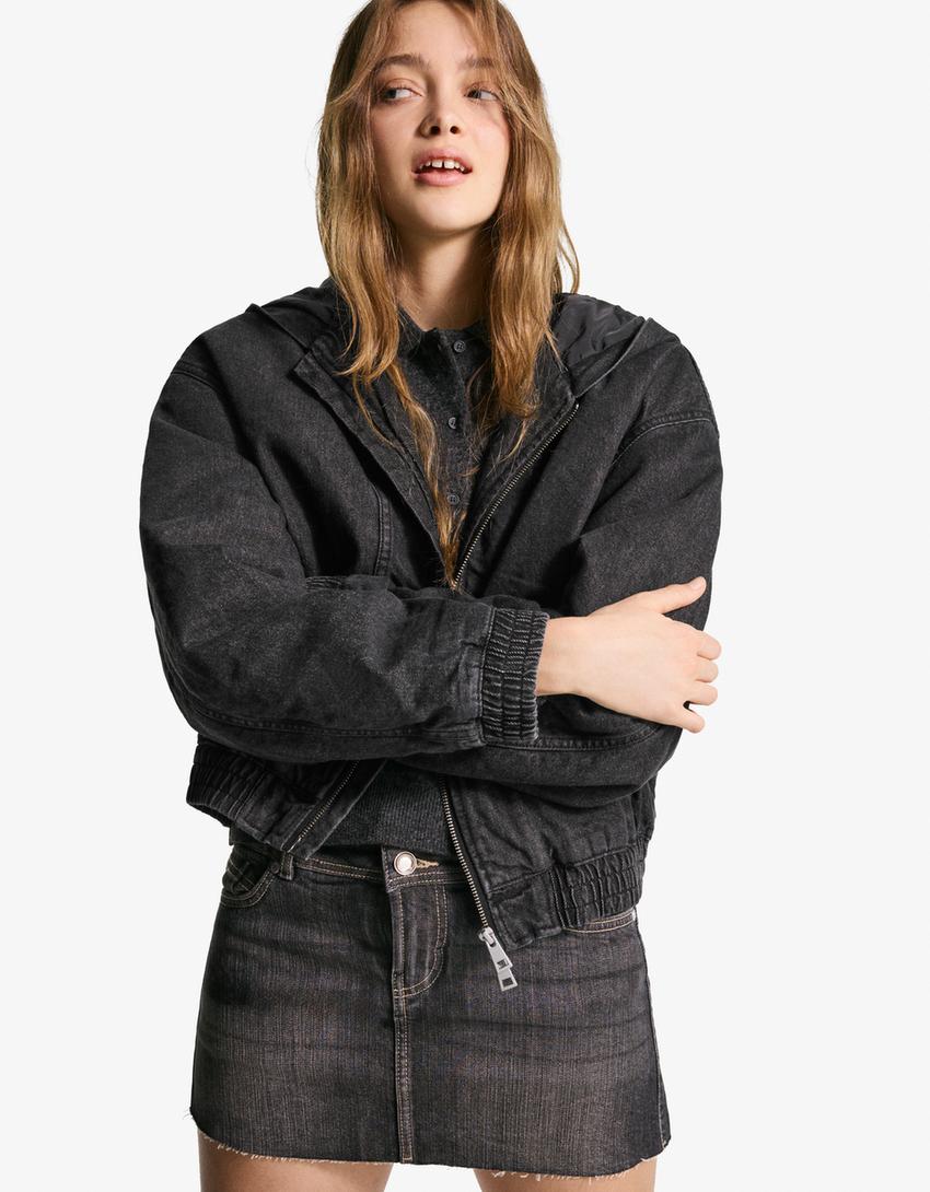 Studded denim bomber jacket with hood-Black