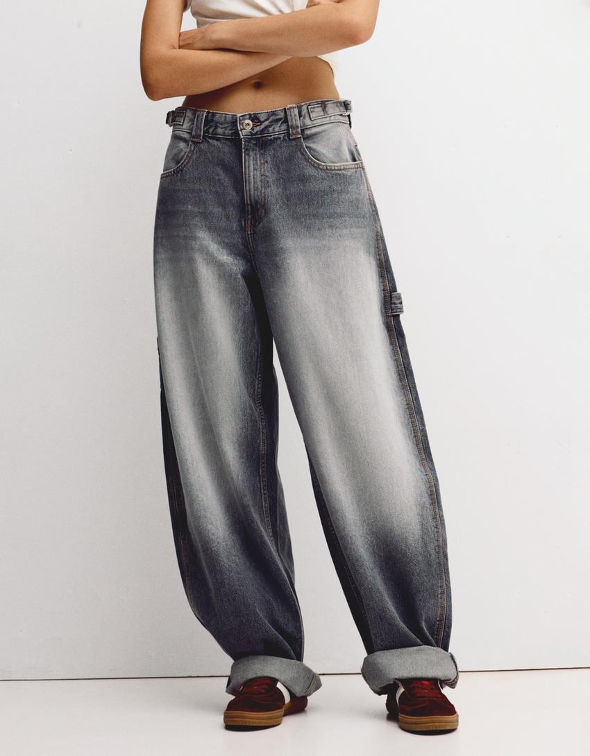 Jean balloon carpenter réglable-Gris