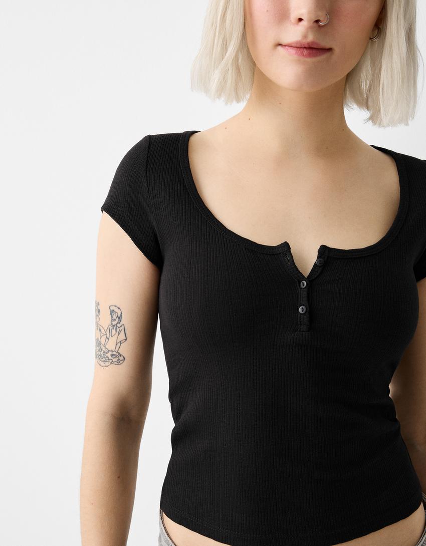 T-shirt manches courtes maille pointelle-Noir-5