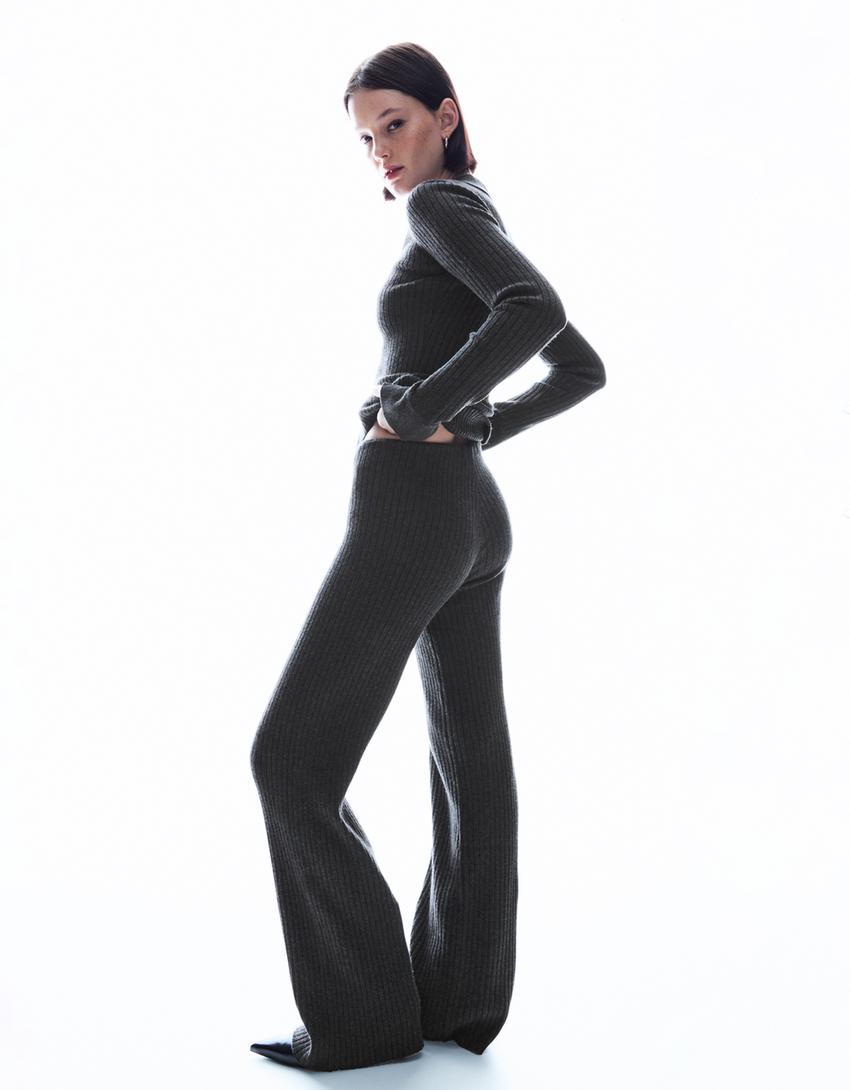 Ribbed cardigan and wide-leg trousers set-Ribbed cardigan and wide-leg trousers set