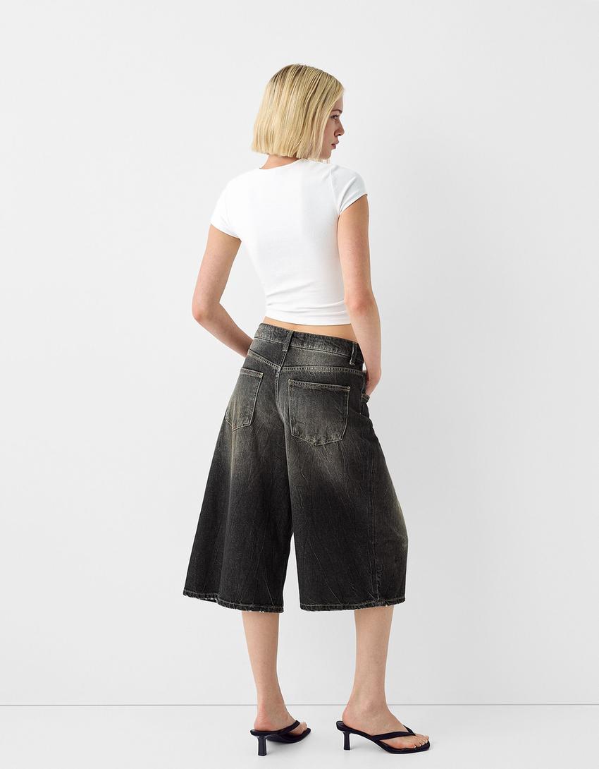 Baggy denim Bermuda shorts-Black-1