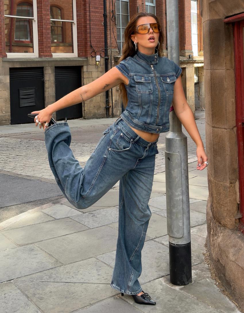 Düşük bel barrel fit jean-Mavi
