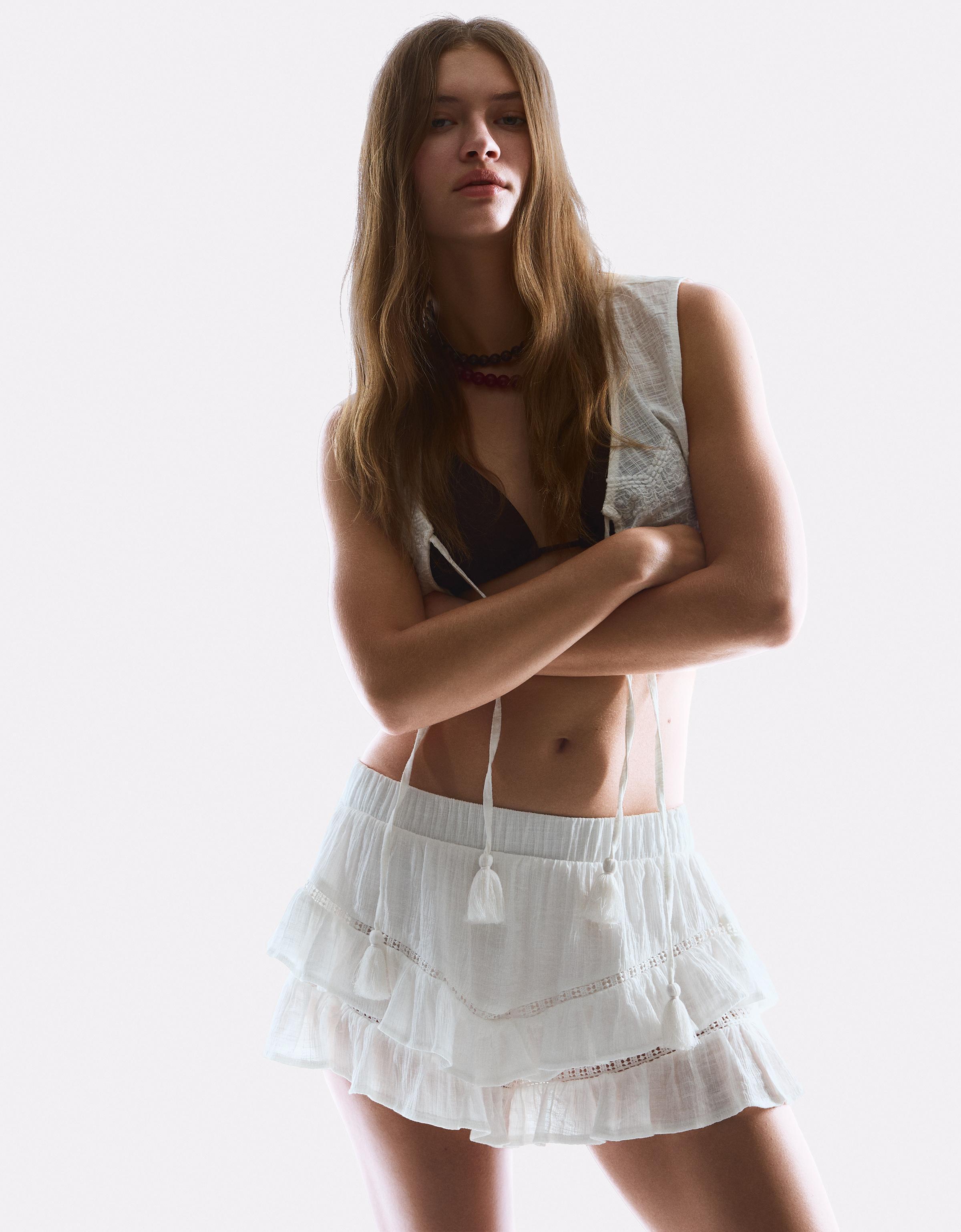 Bershka Hosenrock Mit Boho-Textur Damen Xl Rohweiß
