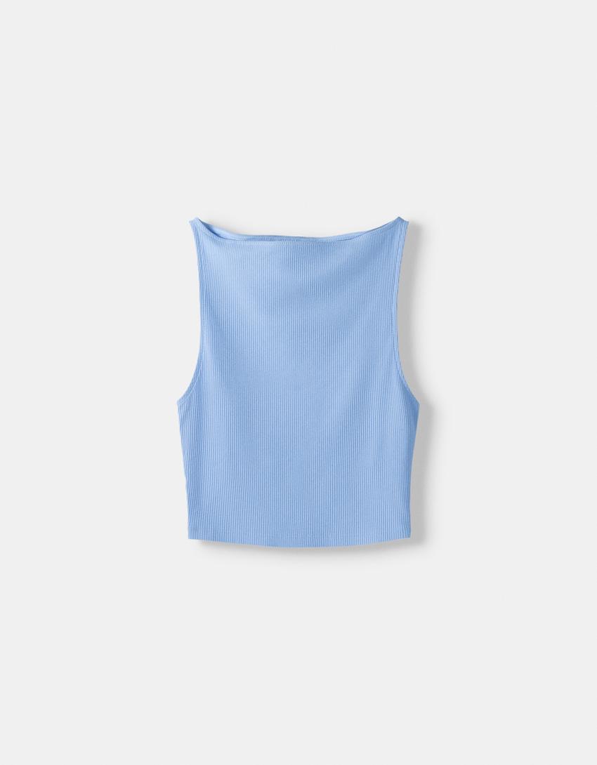 Sleeveless ribbed T-shirt-Light blue-4