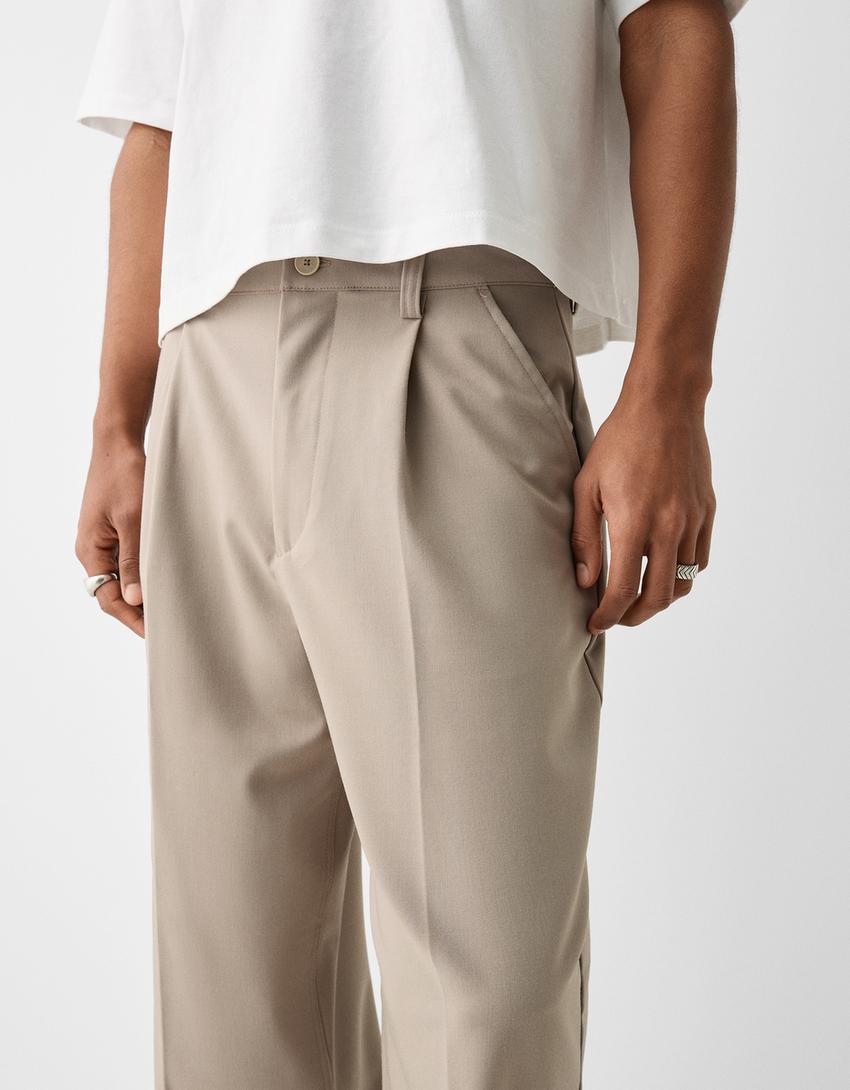 Calças tailored fit baggy-Bege escuro-3