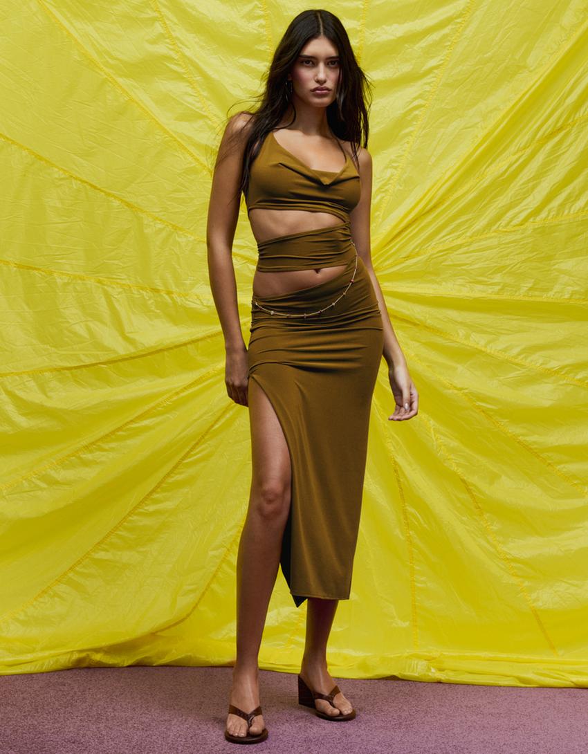 Midi dress with cut-out collar-Green-0