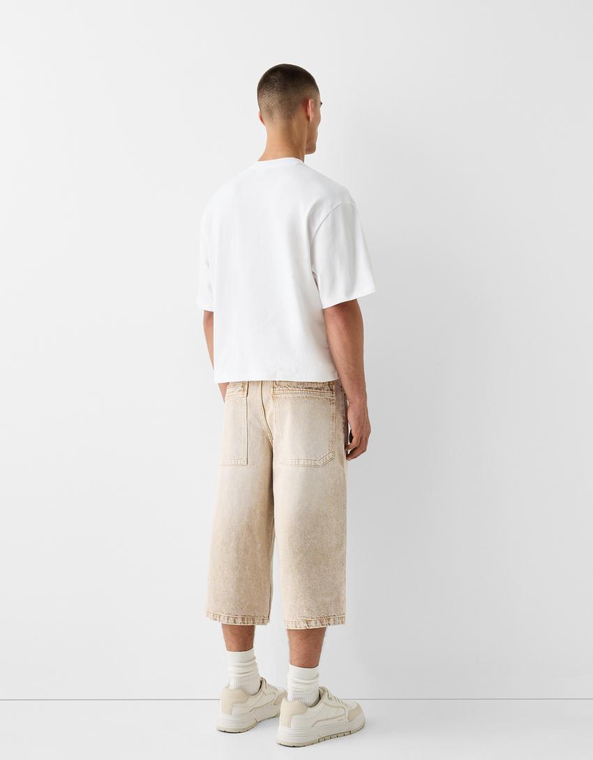 Super baggy denim Bermuda jorts-Cream