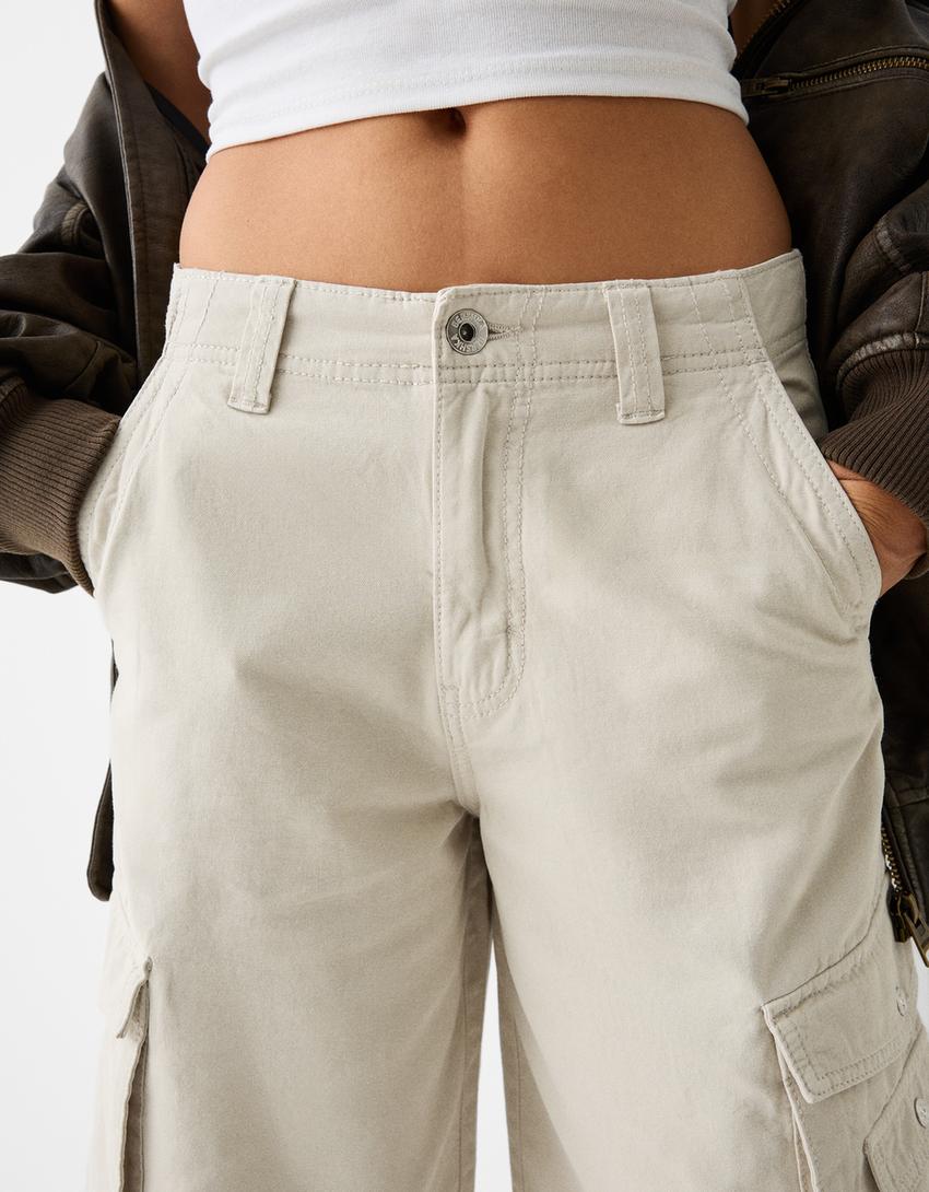 Памучни карго бермуди с разпусната кройка-Екрю-6