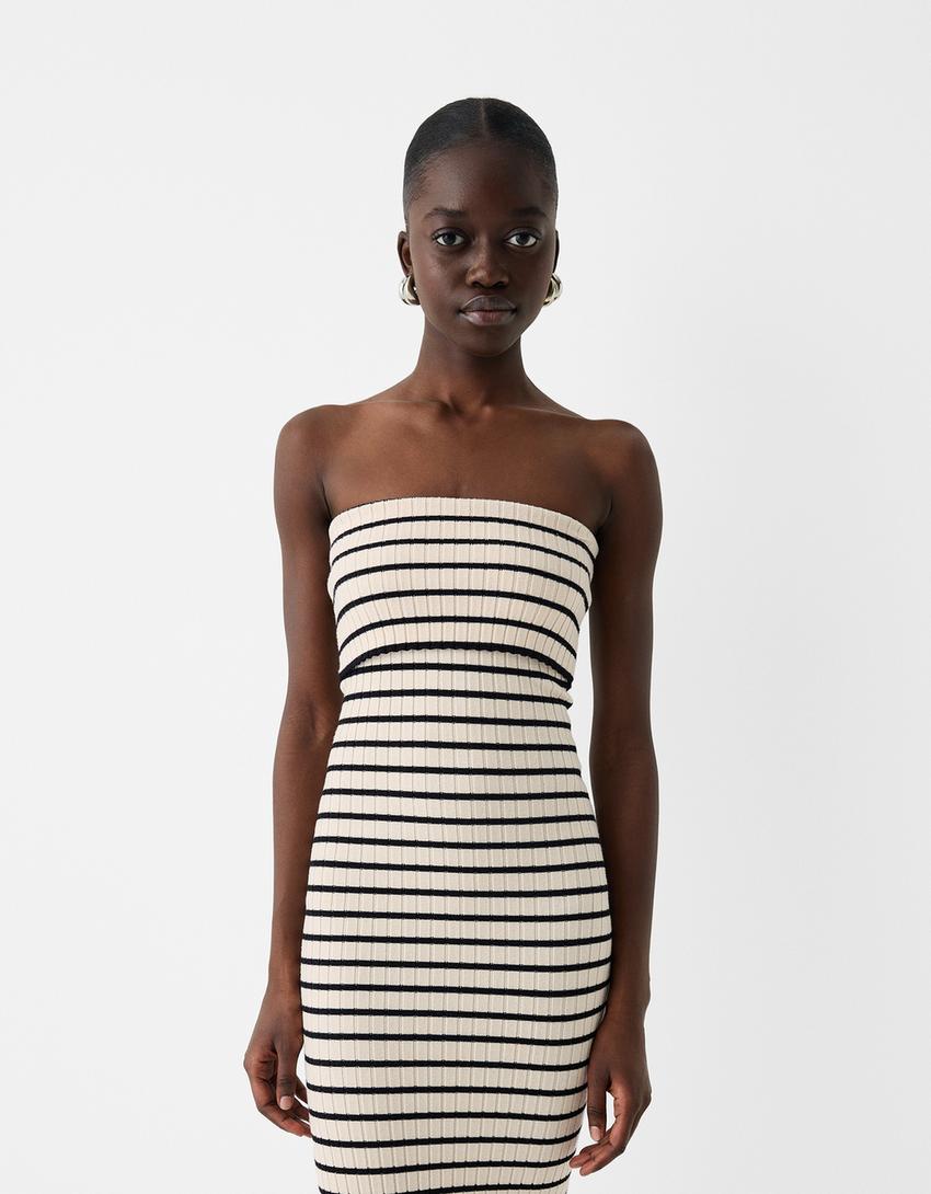 فستان شريطي مخطط متوسط الطول-كريمي-1