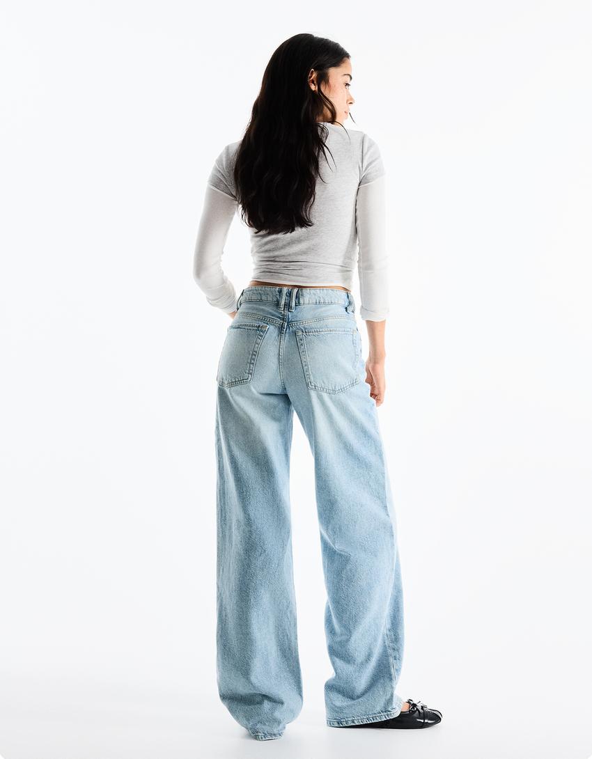 Yüksek bel straight fit geniş paça jean-Açık mavi