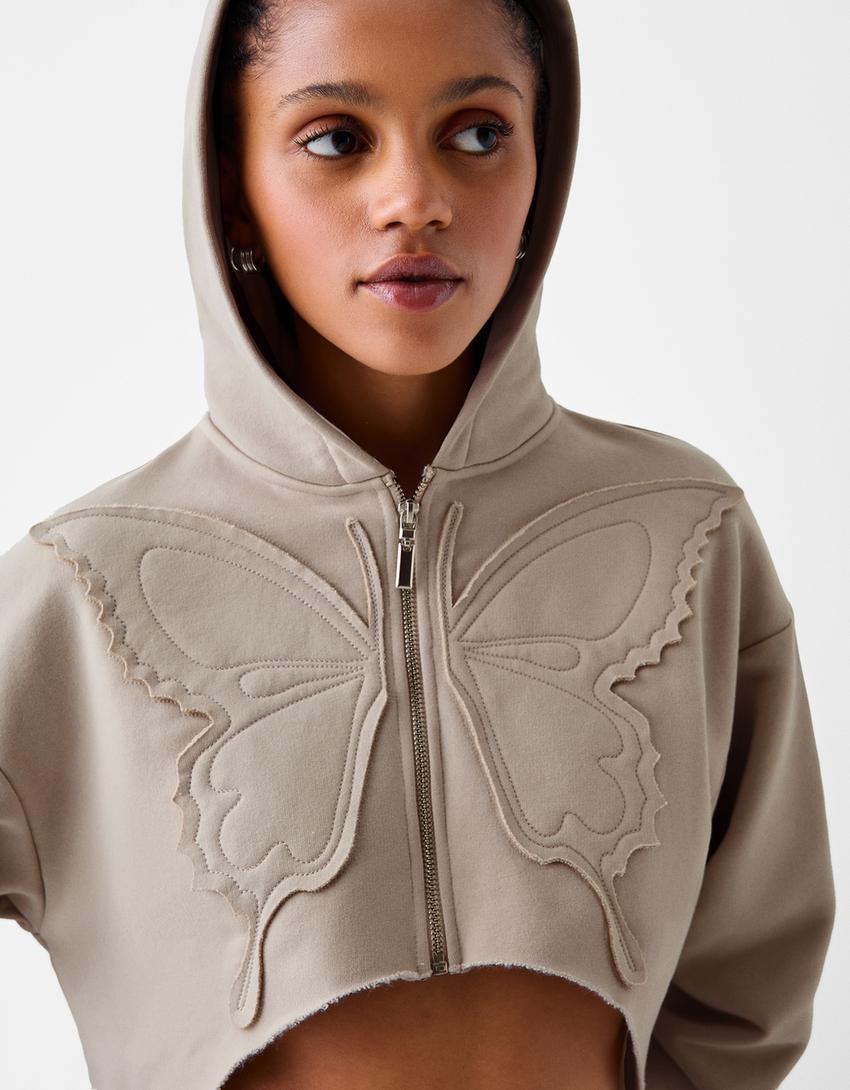 İşlemeli pamuklu kapüşonlu ceket-Gri-2