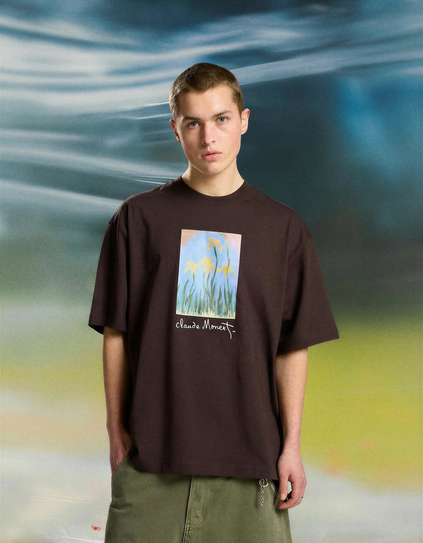 Bershka koszulka z krótkim rękawem claude monet les iris jaunes brązowy