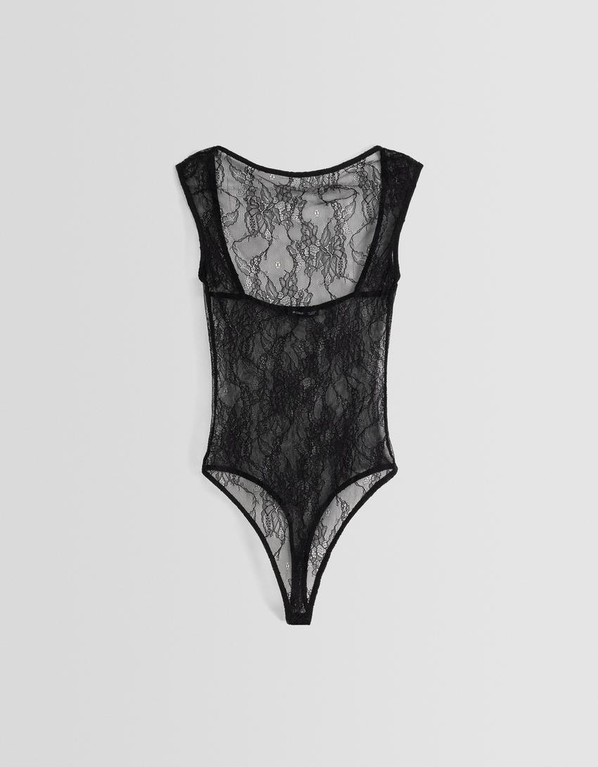 بودي بفتحة خلفية ورباط وأكمام قصيرة-أسود-5