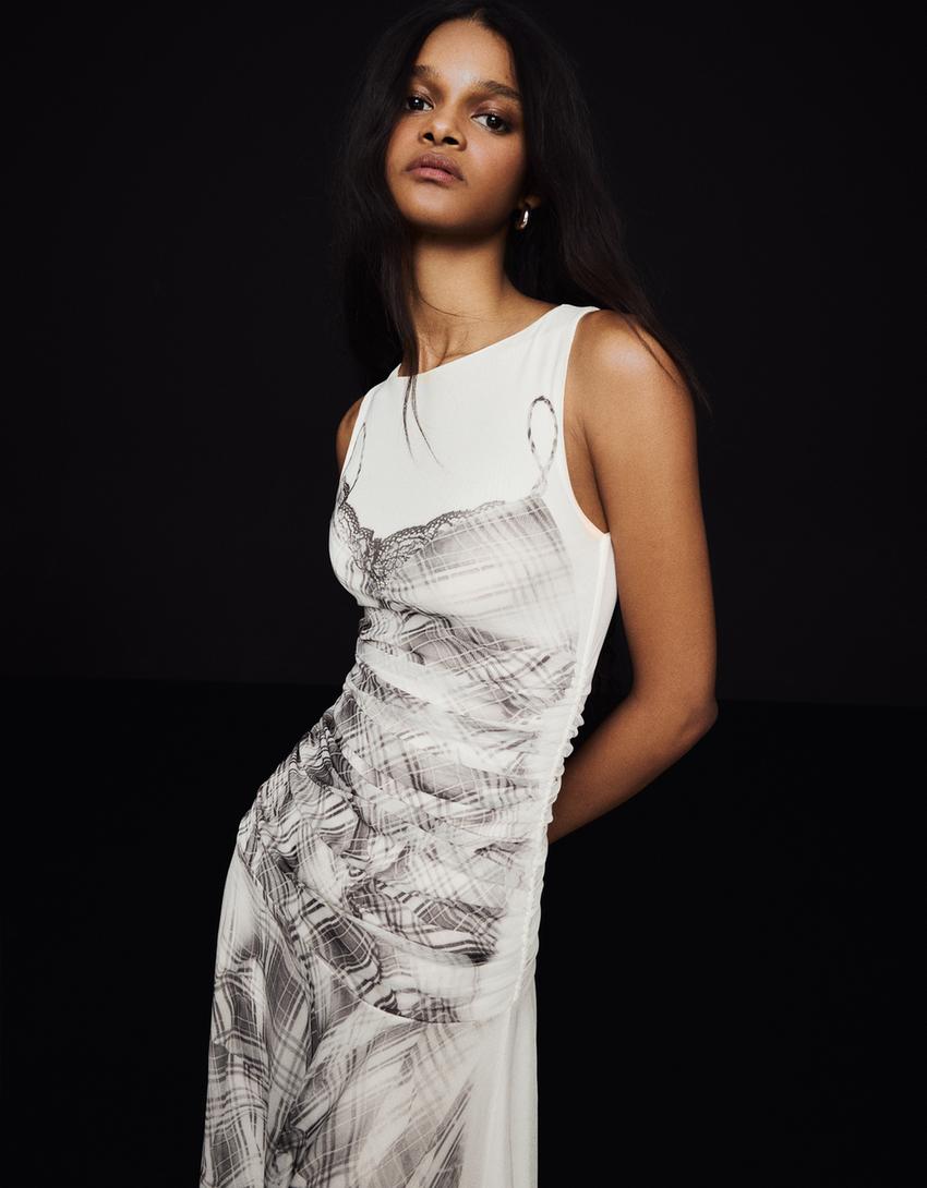 Tule midi-jurk met plooi-Gebroken Wit