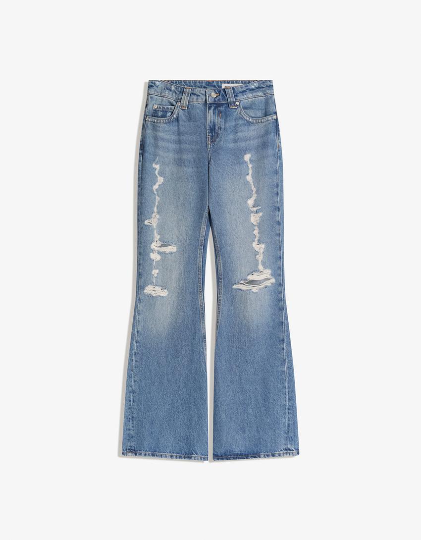 Jeans baggy flare cremalleras-Azul lavado