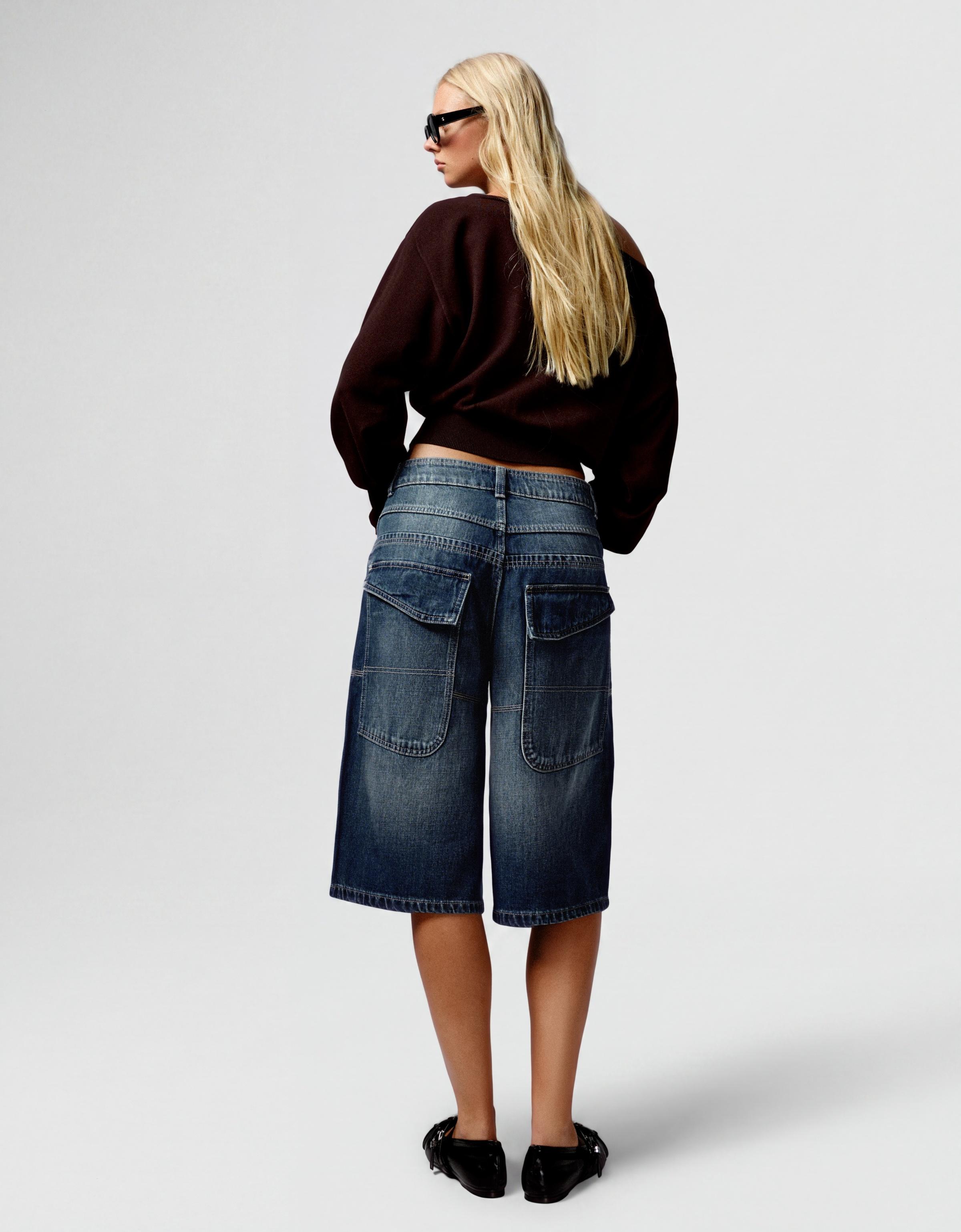 Long denim Bermuda shorts with pocket detail — Dark blue
