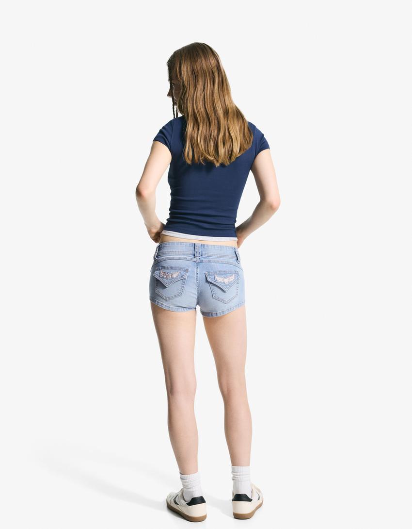 Short denim bordado-Azul lavado