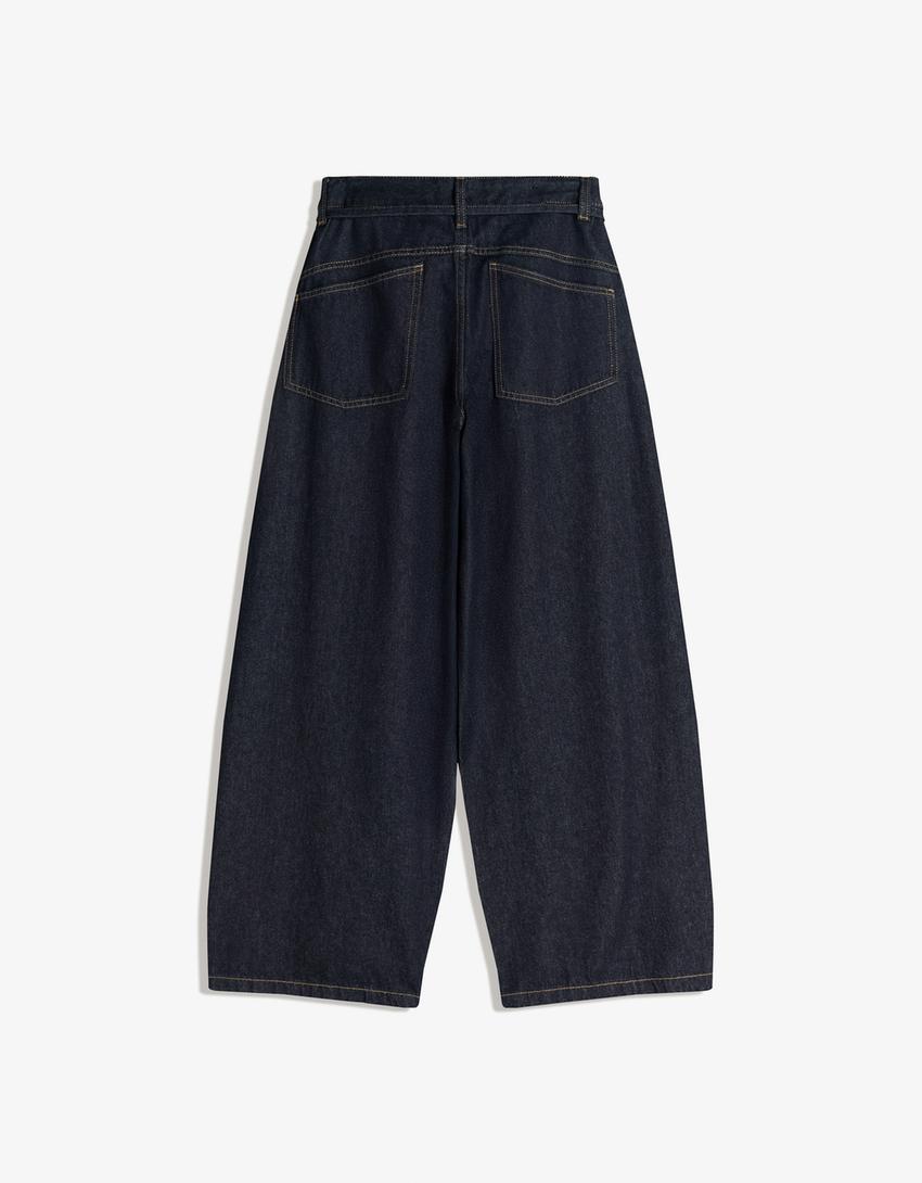 Jeans perna larga barrel fit cinto-Marinho
