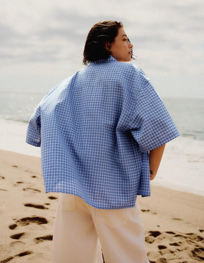 Embroidered short sleeve shirt-Blue