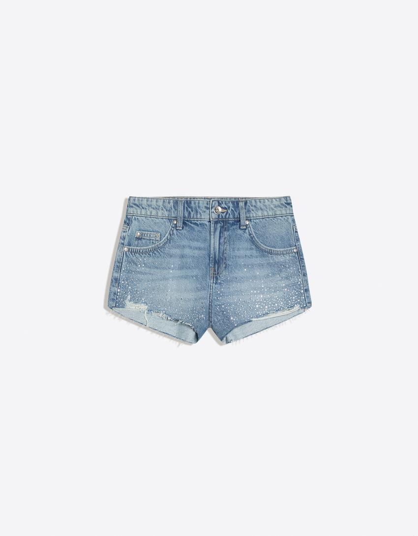 Short en denim brillant-Bleu lavé
