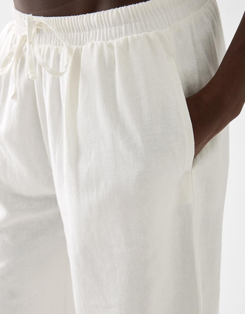Culottes with linen and an elastic waist-Off white-6
