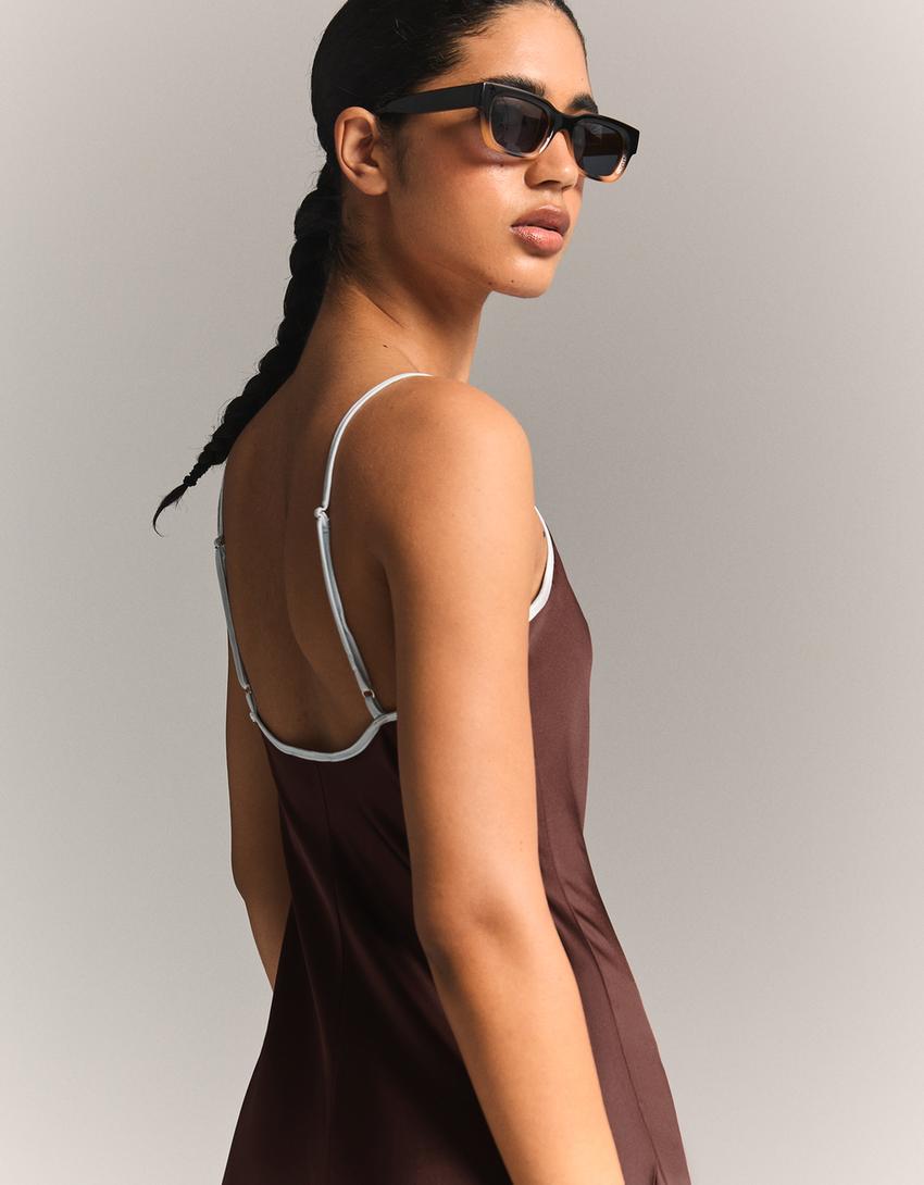 Sateen strappy midi dress-Brown