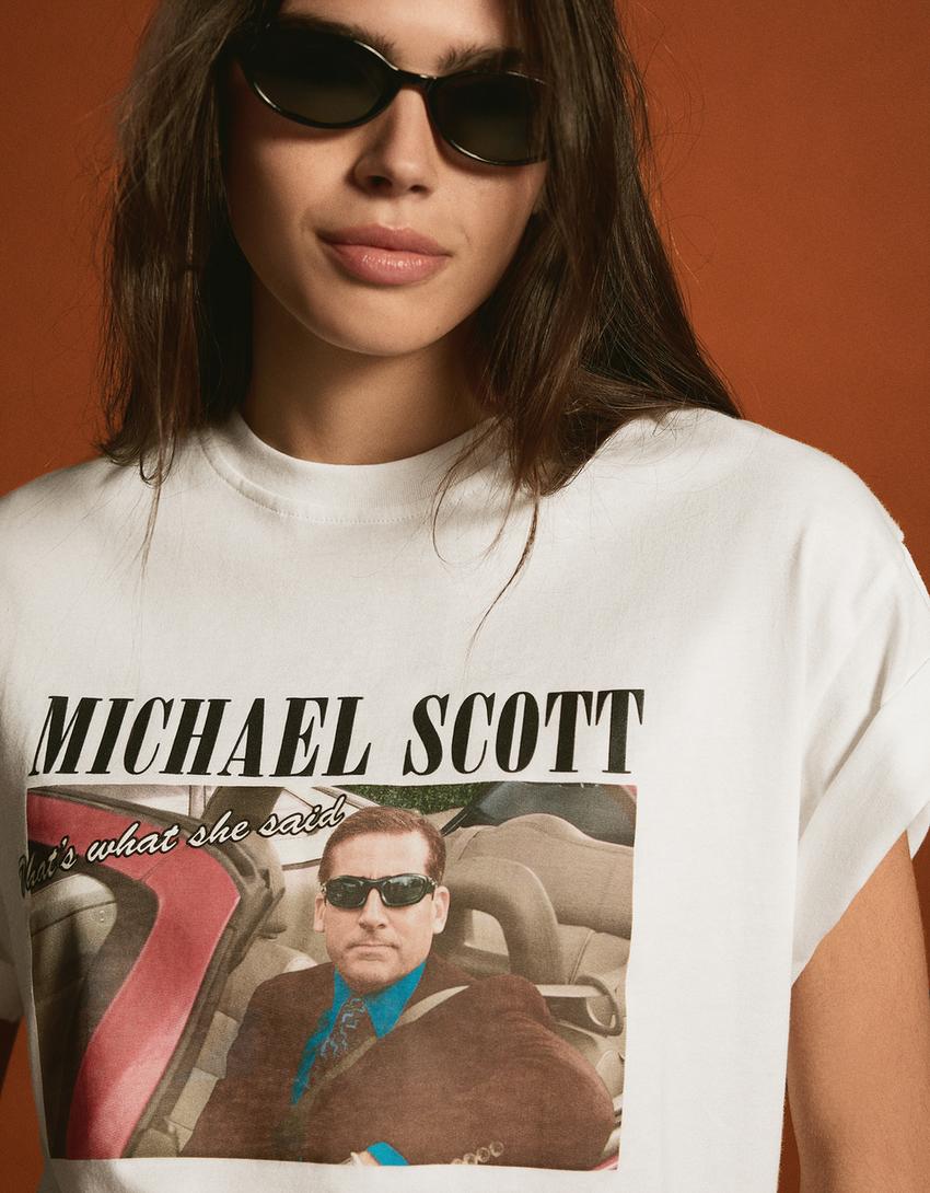 Michael Scott The Office -printtipaita, lyhythihainen-Murrettu valkoinen