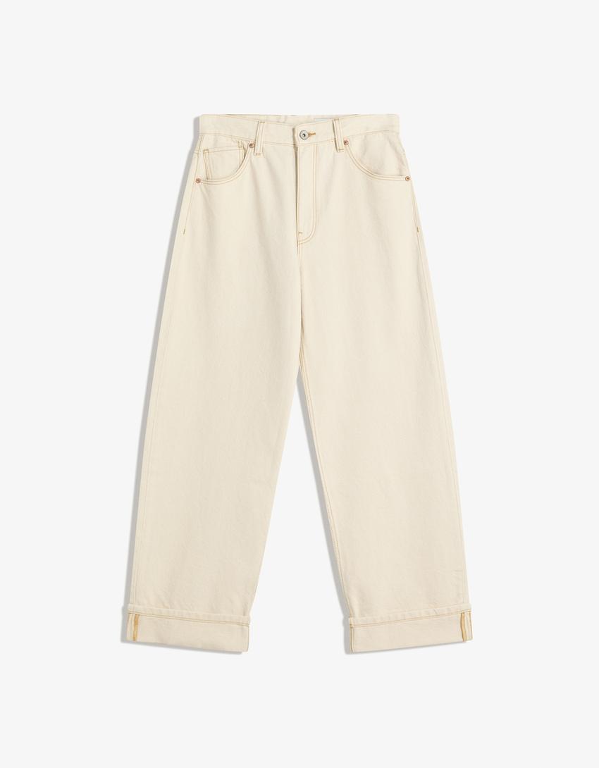 Jeans baggy fit con risvolto-Avorio