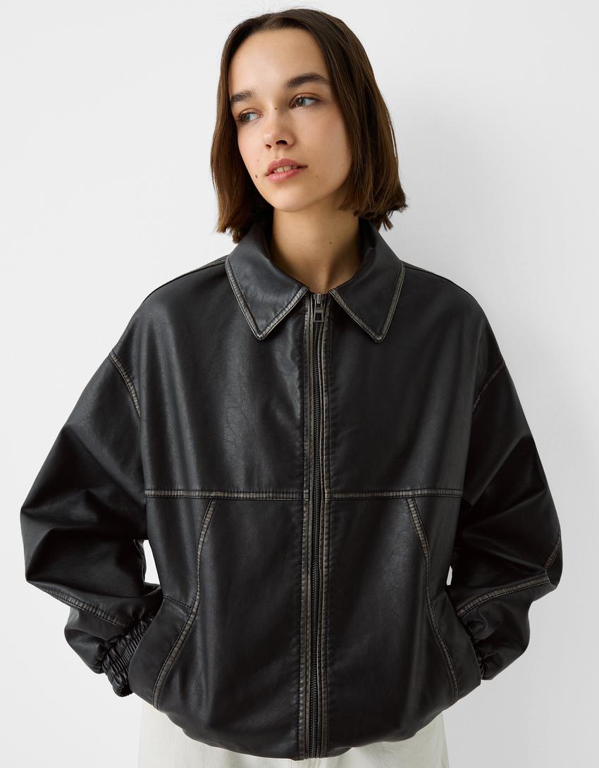 جاكيت داد فيت فضفاض من جلد صناعي معتق-أسود-3