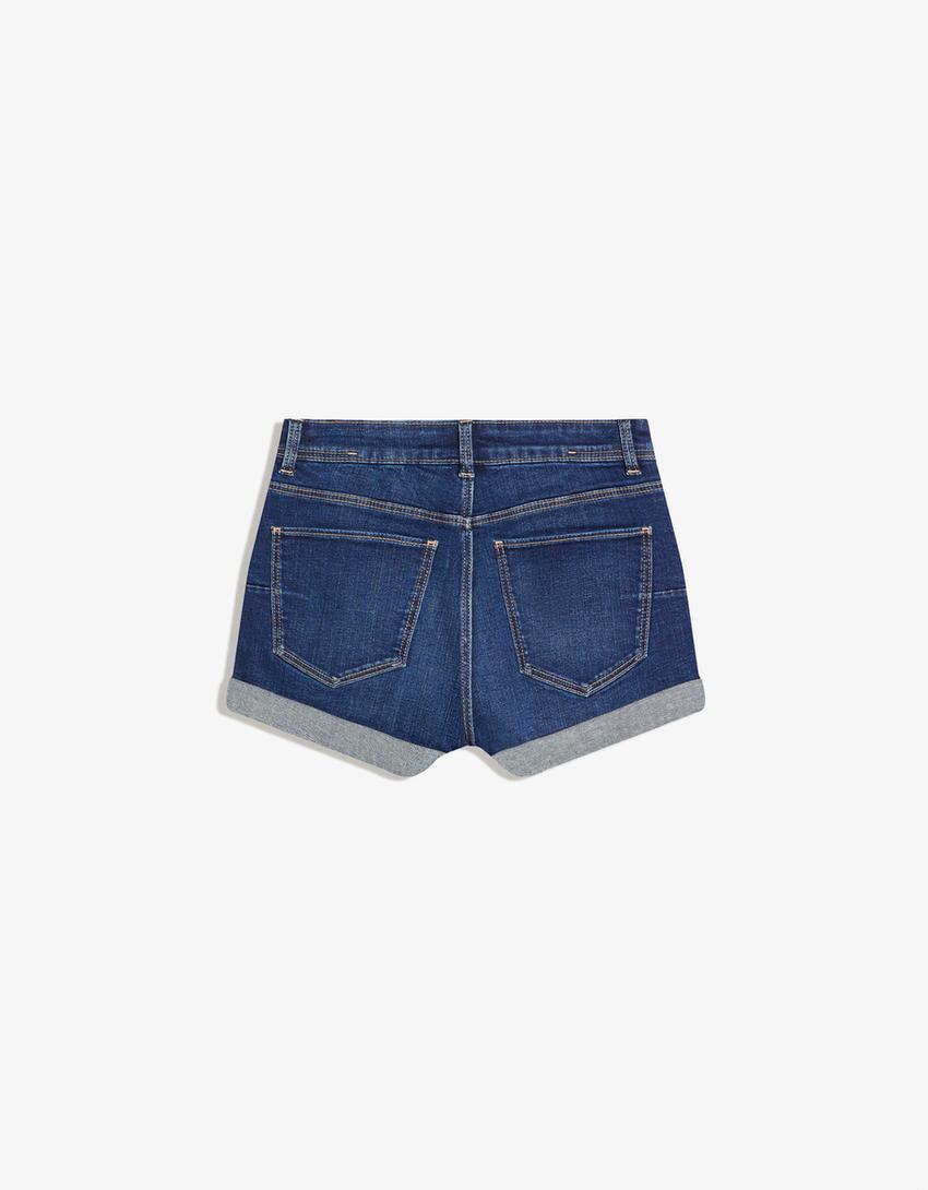 Denim paçası katlamalı şort-Mavi