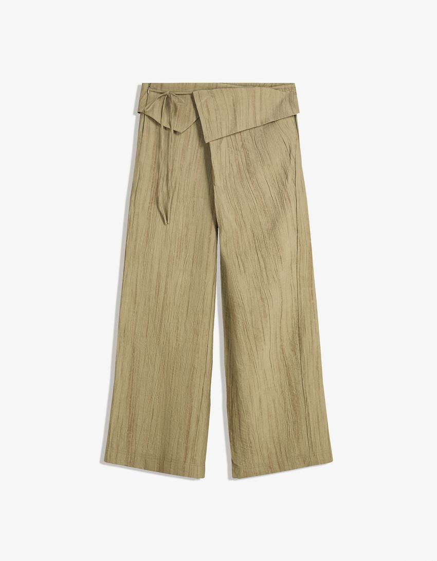 Textured trousers with fold-over waist-Khaki