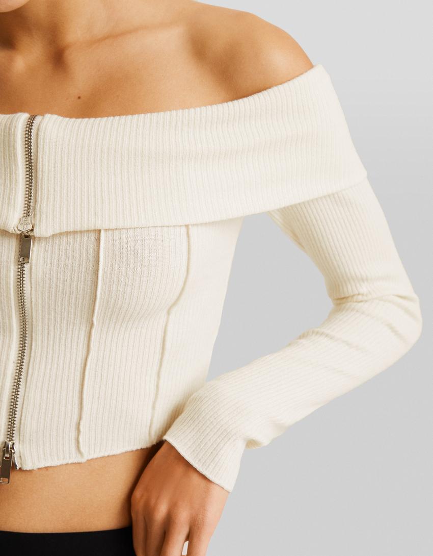 Zip-up knit bardot neck cardigan-Cream