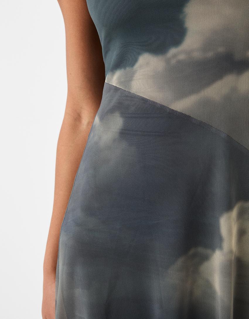 Vestido midi bandeau de tule assimétrico-Cinzento-escuro-5