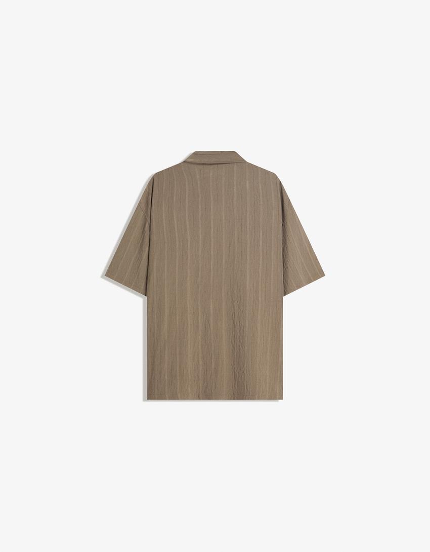Textured striped short sleeve shirt-Sand