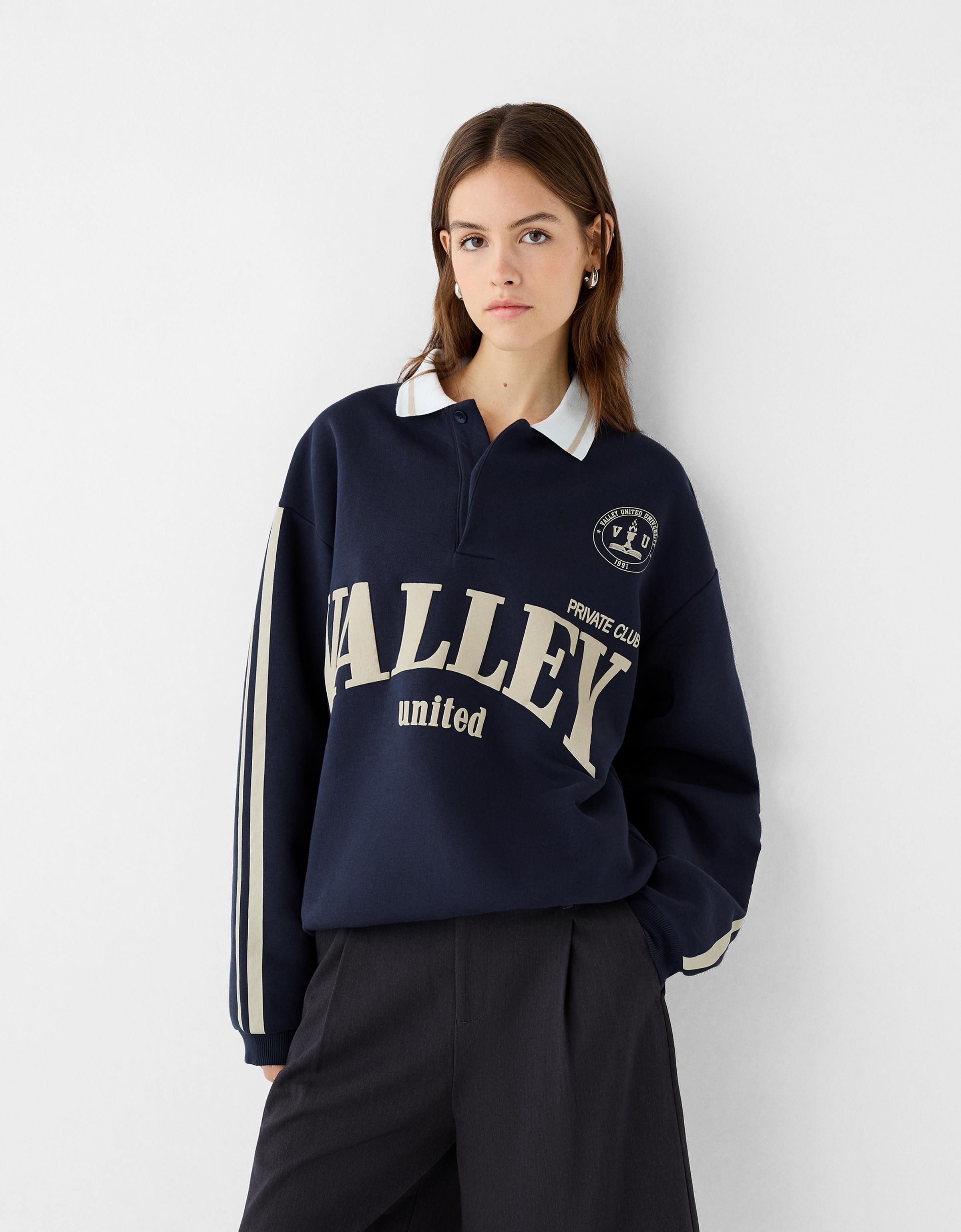 Bershka Oversize-Pullover Mit Polo-Kragen Damen L Marinenblau