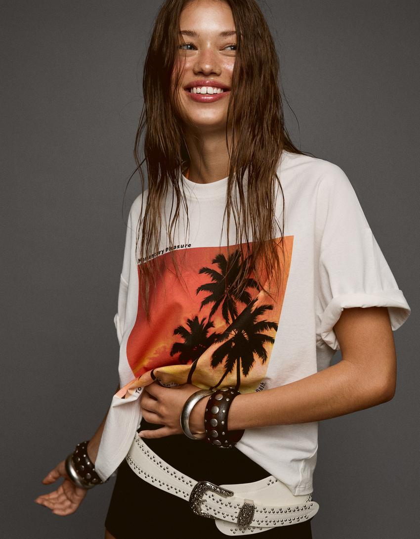 T-shirt met print en korte mouw-Ecru